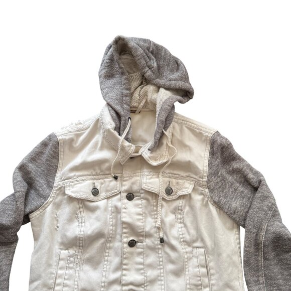 Free People Womens Cropped White Denim Jacket With Gray Knit Sleeves & Hood Butt - Picture 2 of 5